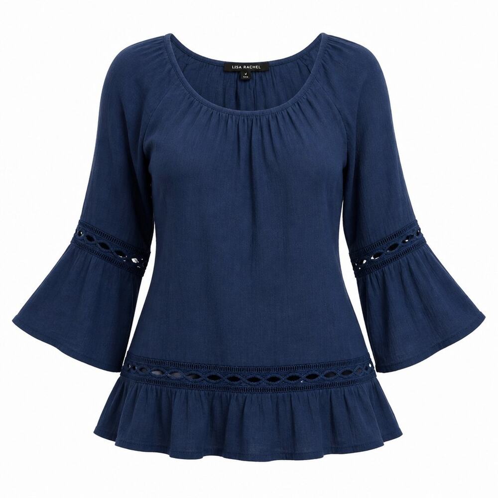 Zack & Rachel Tunic Blouse Womens Small Blue Gauze Bell Sleeve Crochet Boho Top